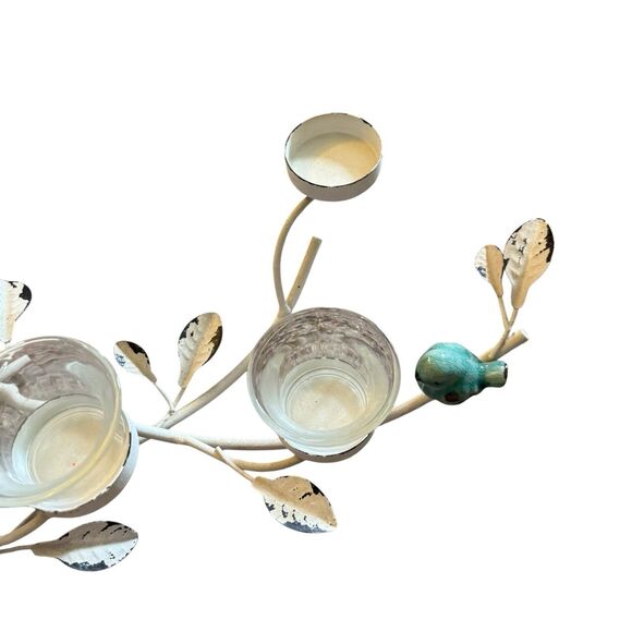 Metal Branch Centerpiece Candle Holder Blue Birds White Patina Whimsical Cottage - Picture 4 of 8